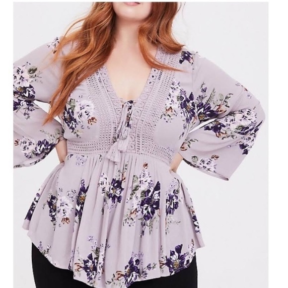 Torrid Lilac Floral Babydoll Gauze Crotchet Top - Picture 1 of 6